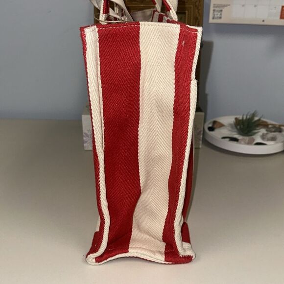 RAE DUNN Large Rare Retro Red Ivory Stripe Woven Canvas Bonjour Shopper Tote - Picture 4 of 15